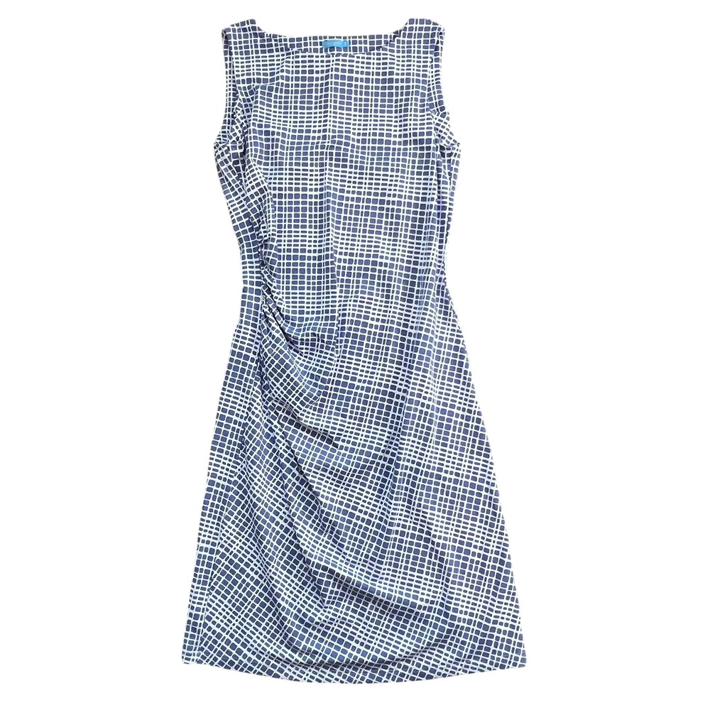 J.McLaughlin Sheath Dress Women S Blue White Geometric Ruched Sleeveless Jersey